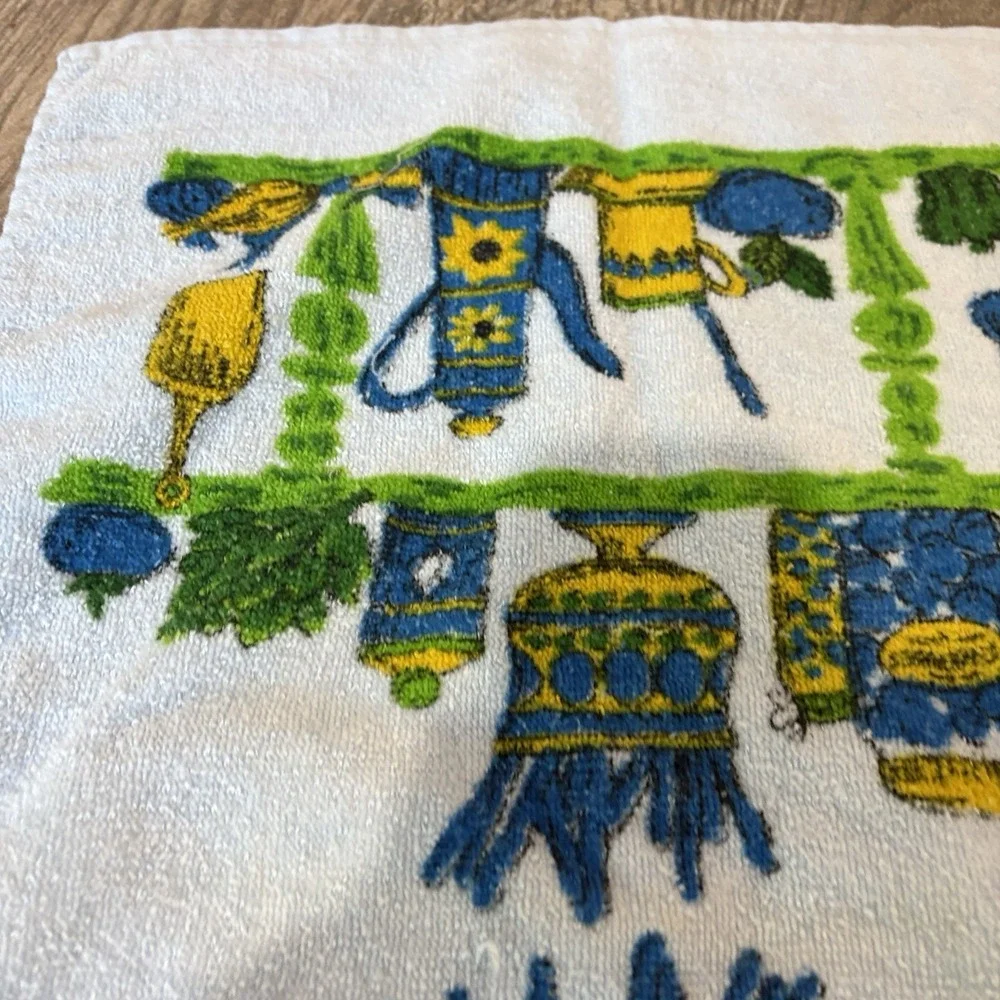 Vtg MCM Kitchen Teal Blue Terry Hand Towel Kitsch 70s Retro Groovy